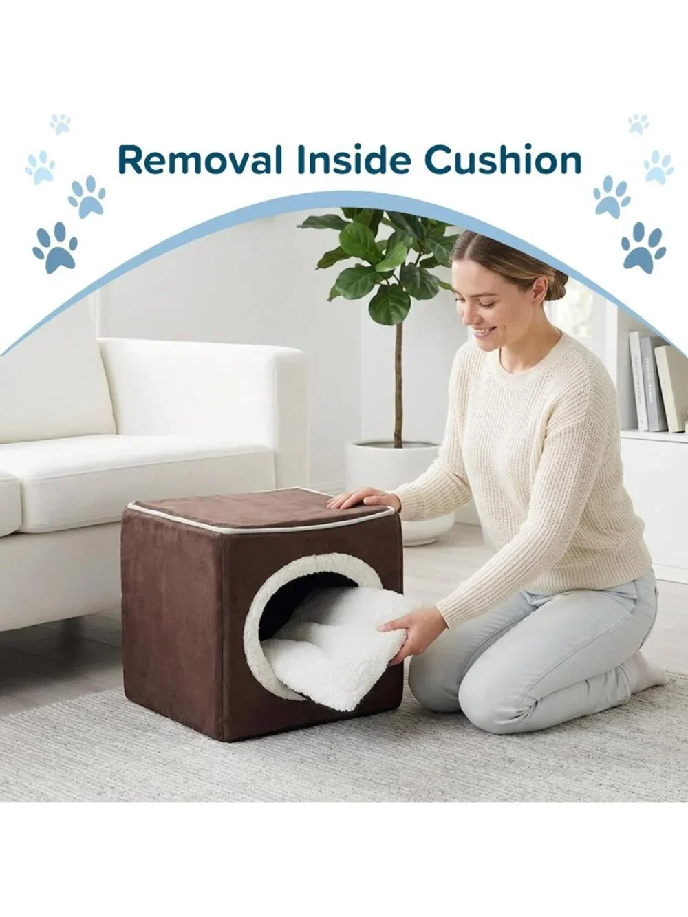 New Cat House Indoor Bed with Removable Foam Cushion, Cat Cave for Small Pets